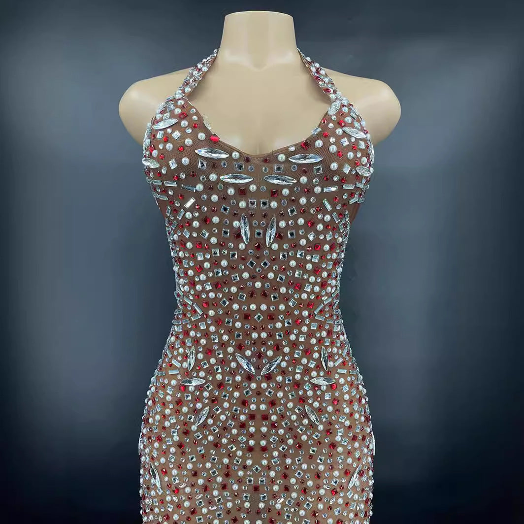 Robe de bal dos nu élégante en strass et paillettes de cristal en élasthanne