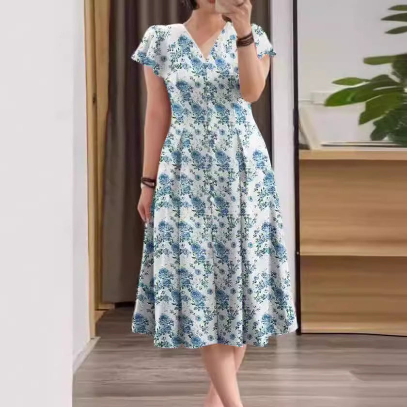 Floral Button-Front Short Sleeve A-Line Dress for Women