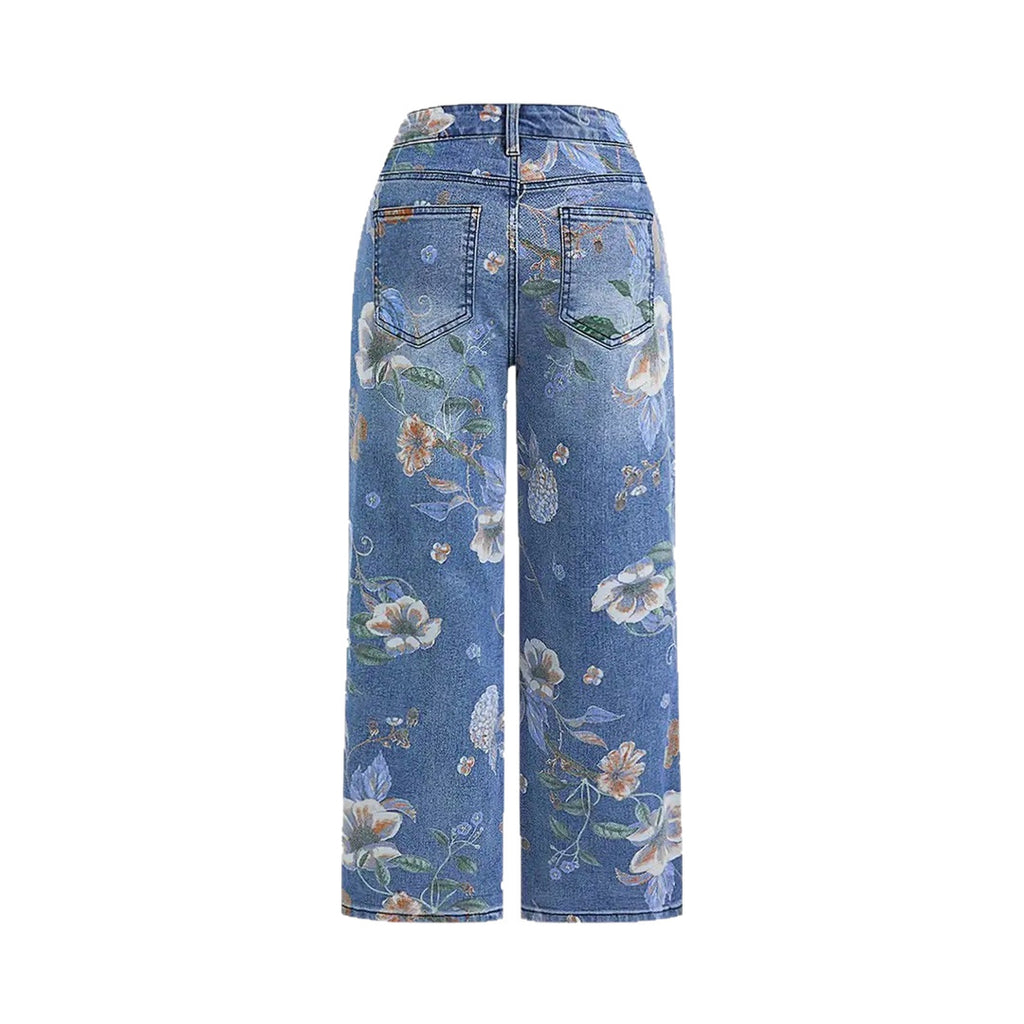 Women's Printed Denim Mid-Waist Straight Wide-Leg Pants for Spring & Autumn