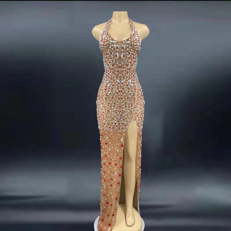 Robe de bal dos nu élégante en strass et paillettes de cristal en élasthanne