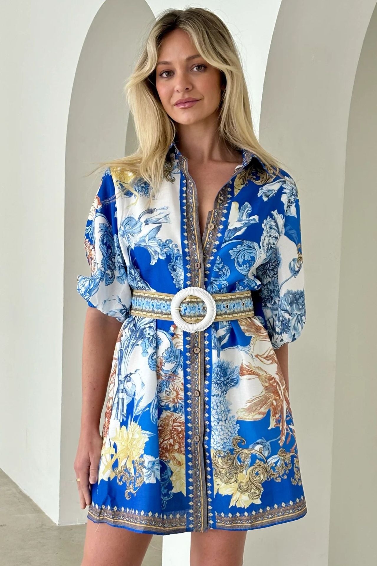 Women's Loose Casual Blue Printed Short Dress