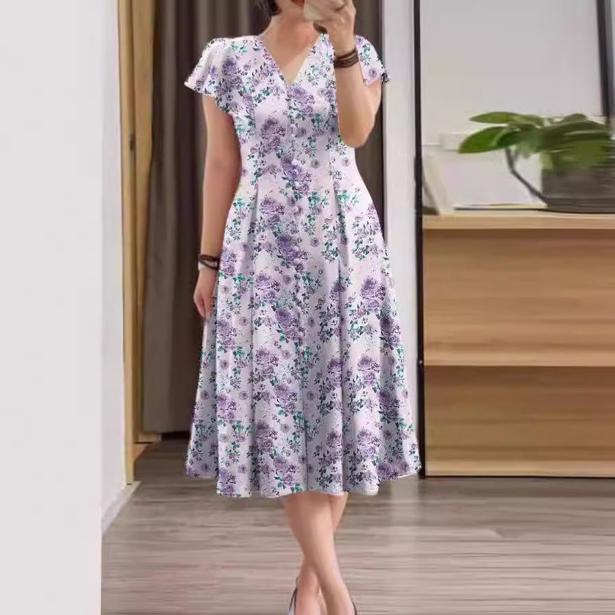 Floral Button-Front Short Sleeve A-Line Dress for Women