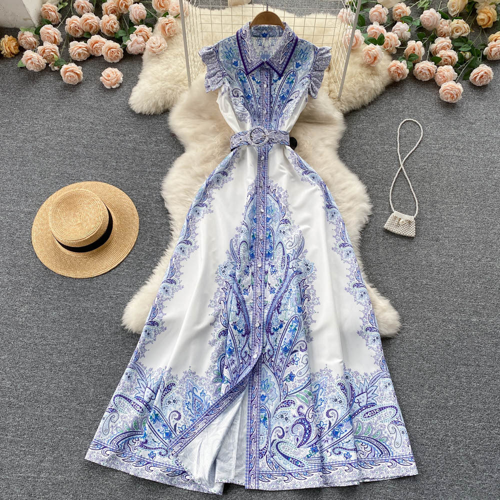 Robe Rétro Femme d'Été Col Polo Taille Haute à Lacets, Blanche et Bleue