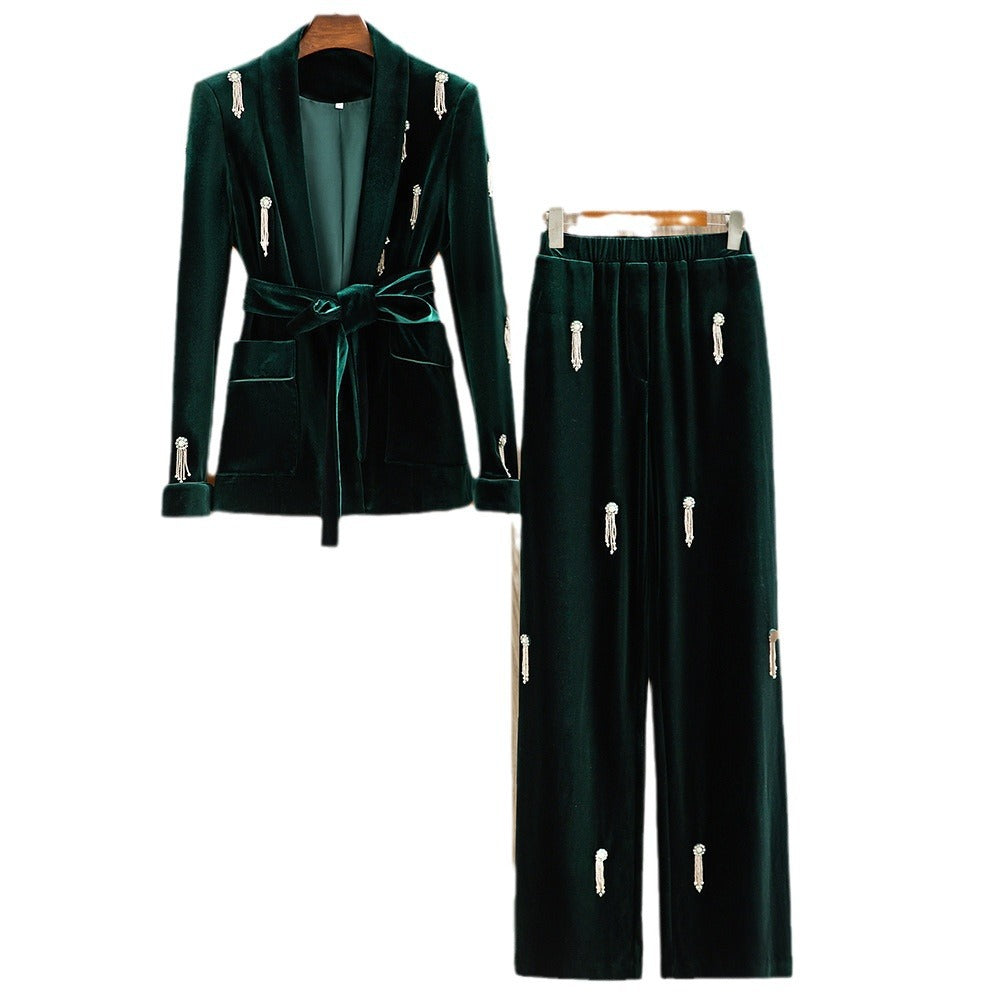 Women's Velvet Beads Suit Set in Dark Green & Black, Sizes S-XXL