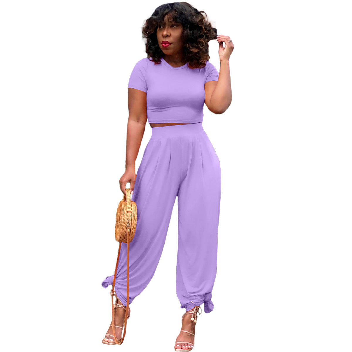 Solid Color Midriff Bell-Bottom Pants Casual Suit for Women