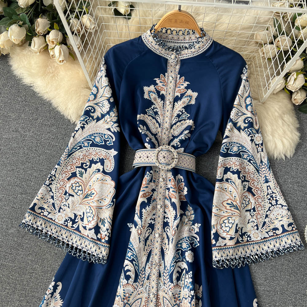 Vintage Printed Round Neck Bell Sleeve Mid-Length Elegant Dress