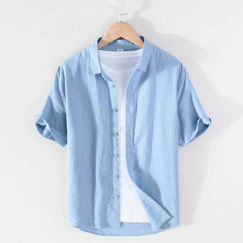 Chemise Homme Coton Lin Manches Courtes Col Carré Coupe Ajustée