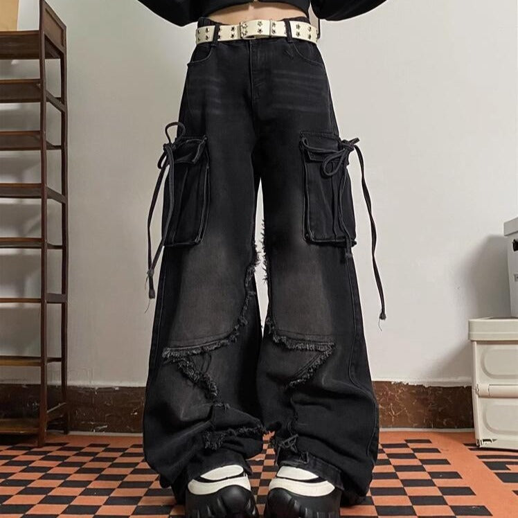 Spring Autumn American Retro Women's Multi-Pocket Wide Leg Jeans