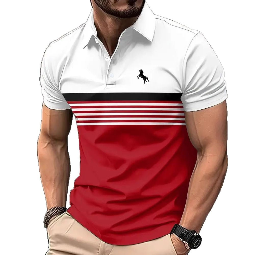 Polo de golf décontracté pour homme à rayures et blocs de couleur, avec col sport