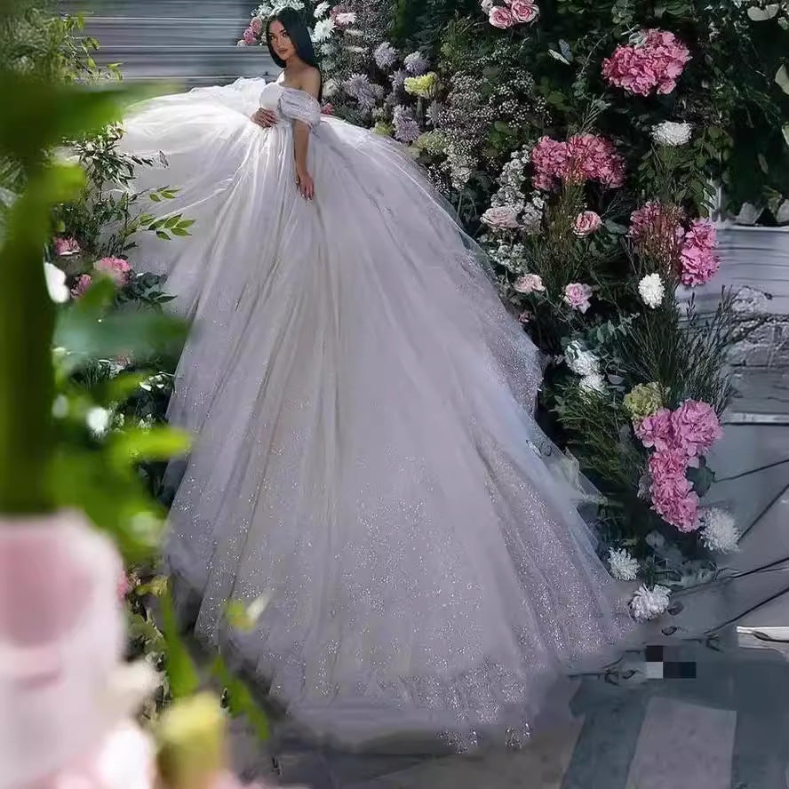 Off-Shoulder White Sequined Wedding Dress Mori Style Slimming Long Sleeve