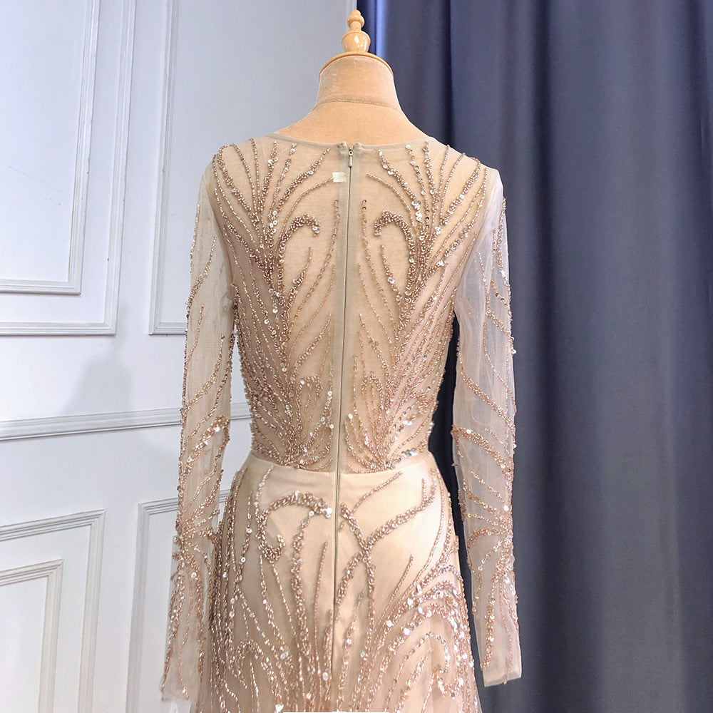Light Luxury Caramel Polyester Evening Dress with Long Sleeves