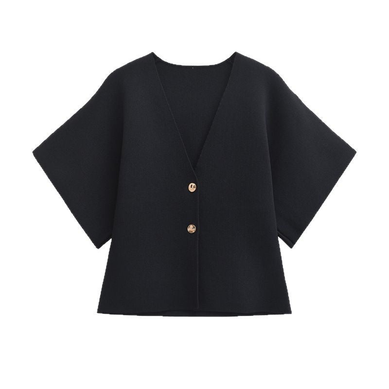 European And American Fashion Women's Wear Elegant Cardigan Plain Stitch Short Sleeve V-neck Casual Simple Knitting Top