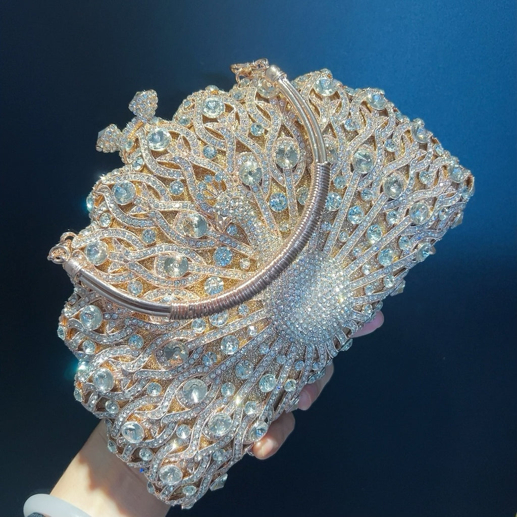 Large Peacock Diamond Evening Bag with Metal Handle and Chain, 23cm