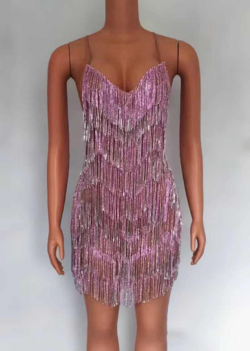 Sexy Deep V Rhinestone Tassel Bulk Evening Gown