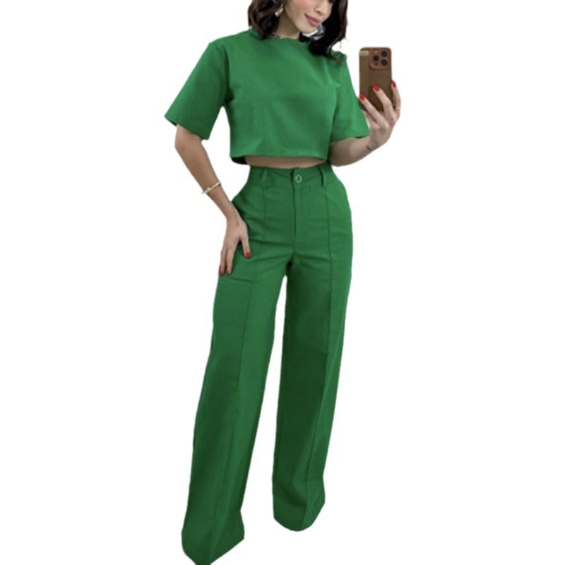 Ensemble Haut Court en Coton Lin et Pantalon Large Taille Haute