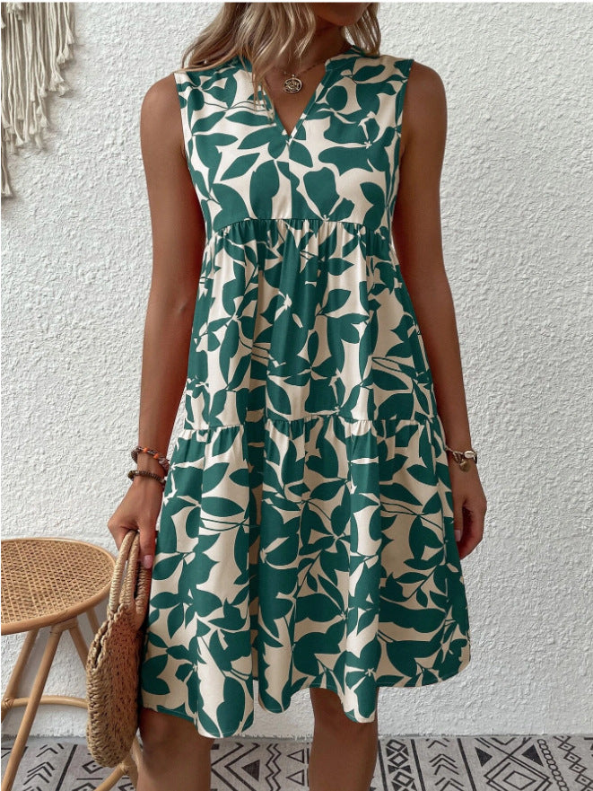 Robe mi-longue plissée à imprimé et col en V ample pour femme