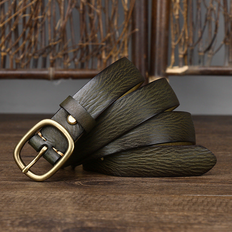 حزام جلدي أصلي عتيق مصنوع يدويًا بإبزيم نحاسي
