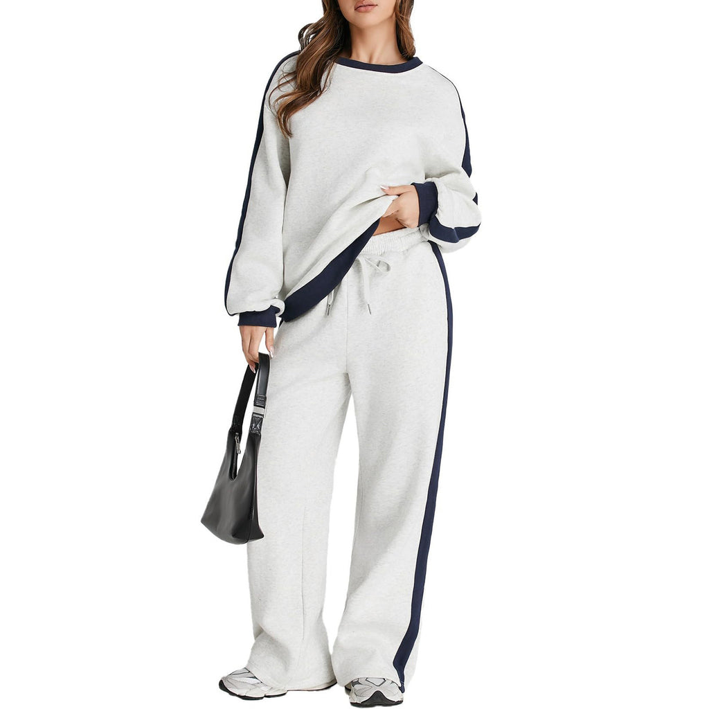 Graceful Color Matching Long Sleeve Loose Pullover Sweatshirt & Sweatpants Set