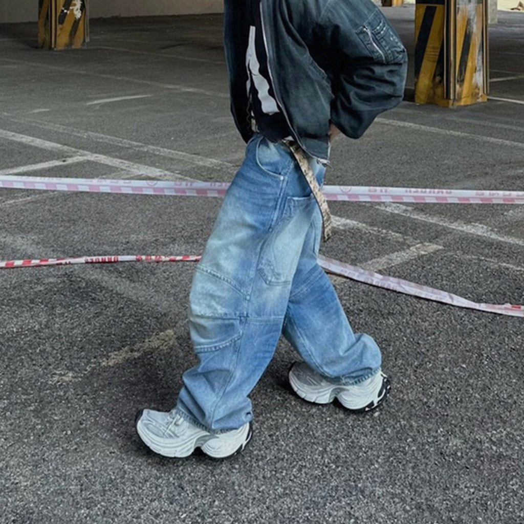 Washed White Blue Baggy Pleated Denim Jeans