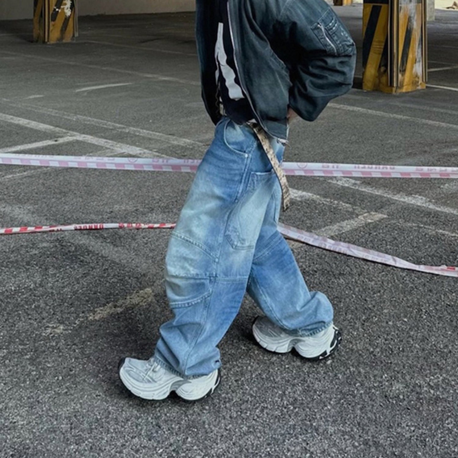 Washed White Blue Baggy Pleated Denim Jeans