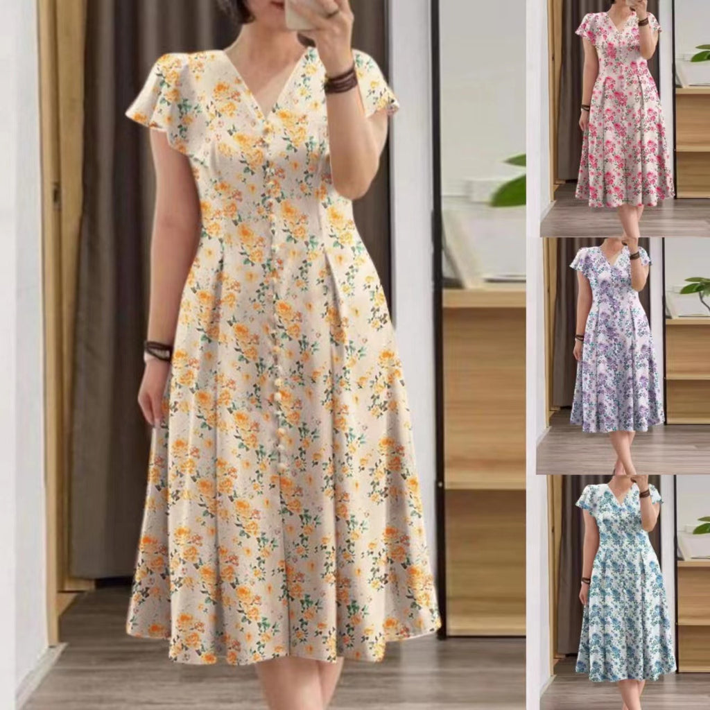 Floral Button-Front Short Sleeve A-Line Dress for Women