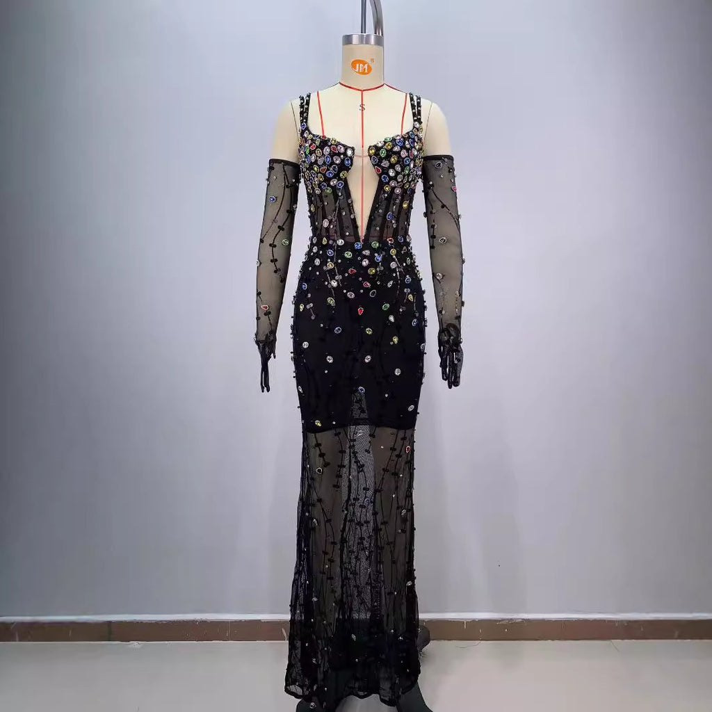 Luxury Colorful Crystal Mesh Cinched Sling Dress
