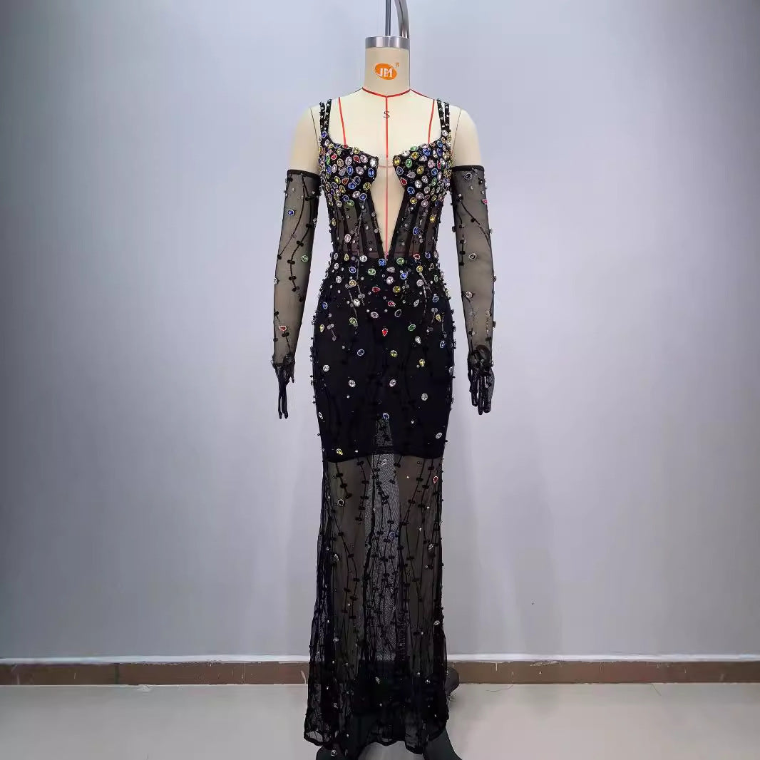 Luxury Colorful Crystal Mesh Cinched Sling Dress