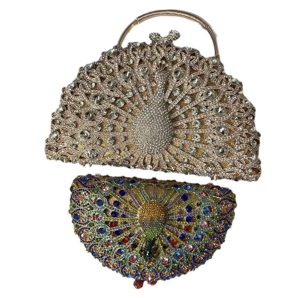 Large Peacock Diamond Evening Bag with Metal Handle and Chain, 23cm