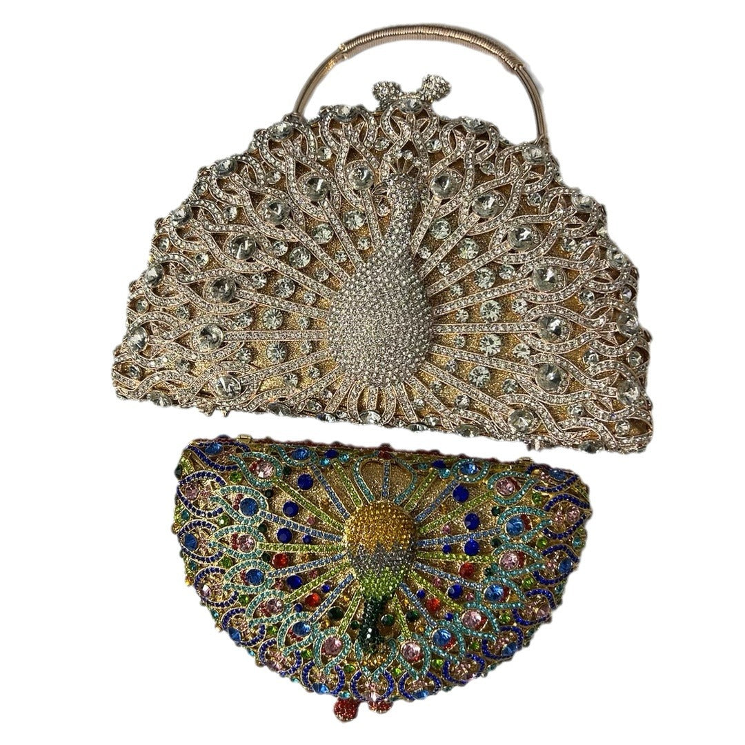 Large Peacock Diamond Evening Bag with Metal Handle and Chain, 23cm