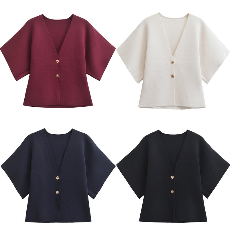 European And American Fashion Women's Wear Elegant Cardigan Plain Stitch Short Sleeve V-neck Casual Simple Knitting Top