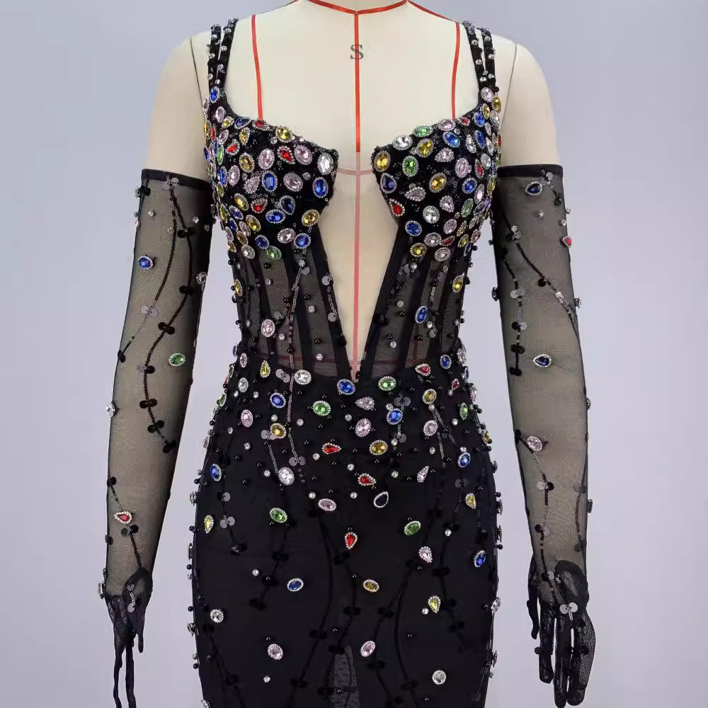 Fashionable Gloves Luxury Colorful Crystals Mesh Cinched Sling Dress