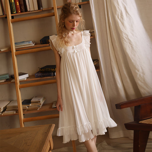 French Royal Style Summer Thin Sleeveless Nightdress Lace Princess White Pullover Pajamas Home Skirt Princess Dress