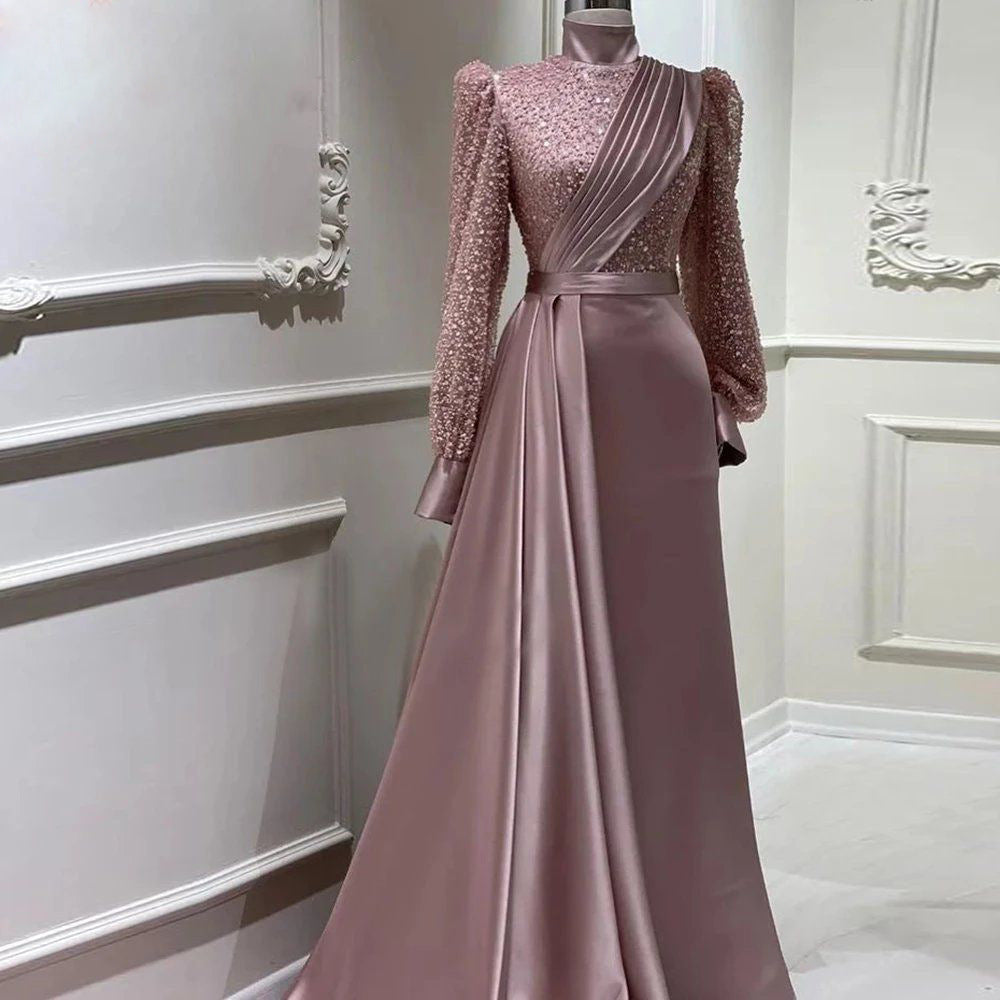 Elegant Long Sleeve Detachable Satin Evening Dress