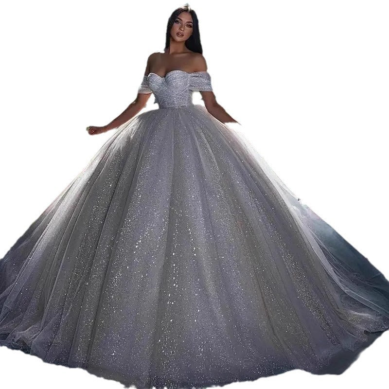 Off-Shoulder White Sequined Wedding Dress Mori Style Slimming Long Sleeve