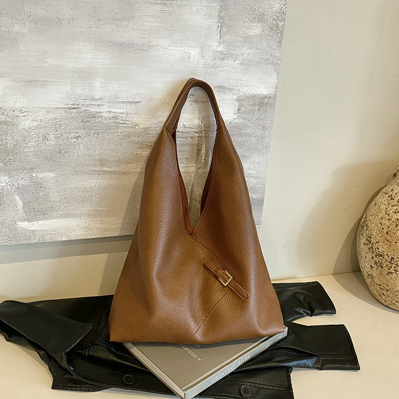 Fashionable Solid Color Soft Leather Underarm Bag Simple Large Capacity