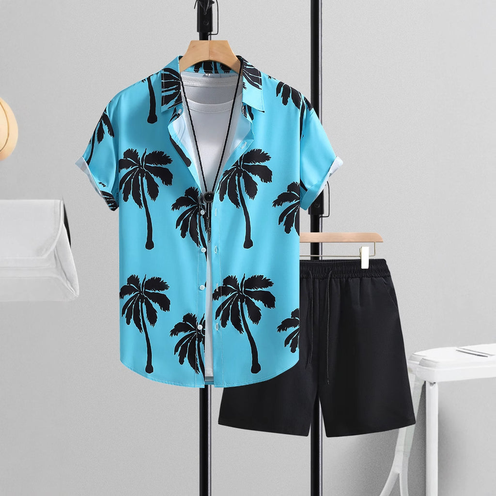 Summer Men's Lake Blue Short-Sleeve Shirt and Pants Suit Polyester Fiber