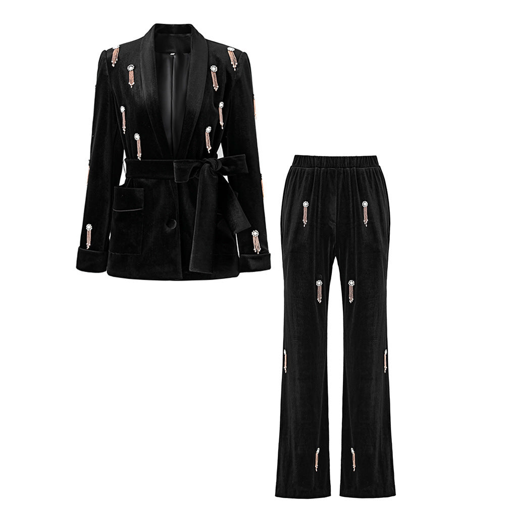 Women's Velvet Beads Suit Set in Dark Green & Black, Sizes S-XXL