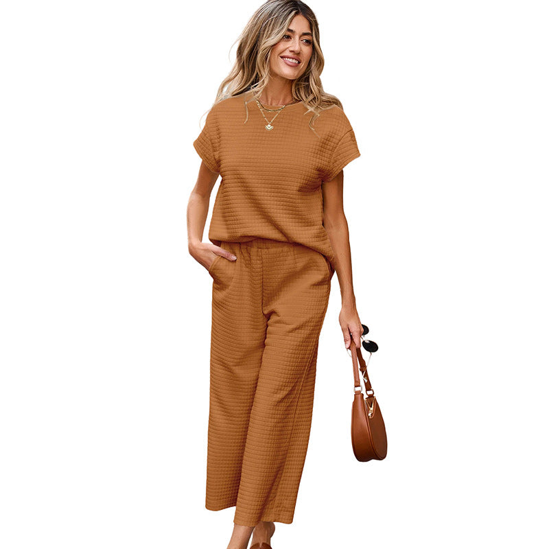 Ensemble deux pièces décontracté femme texturé couleur unie