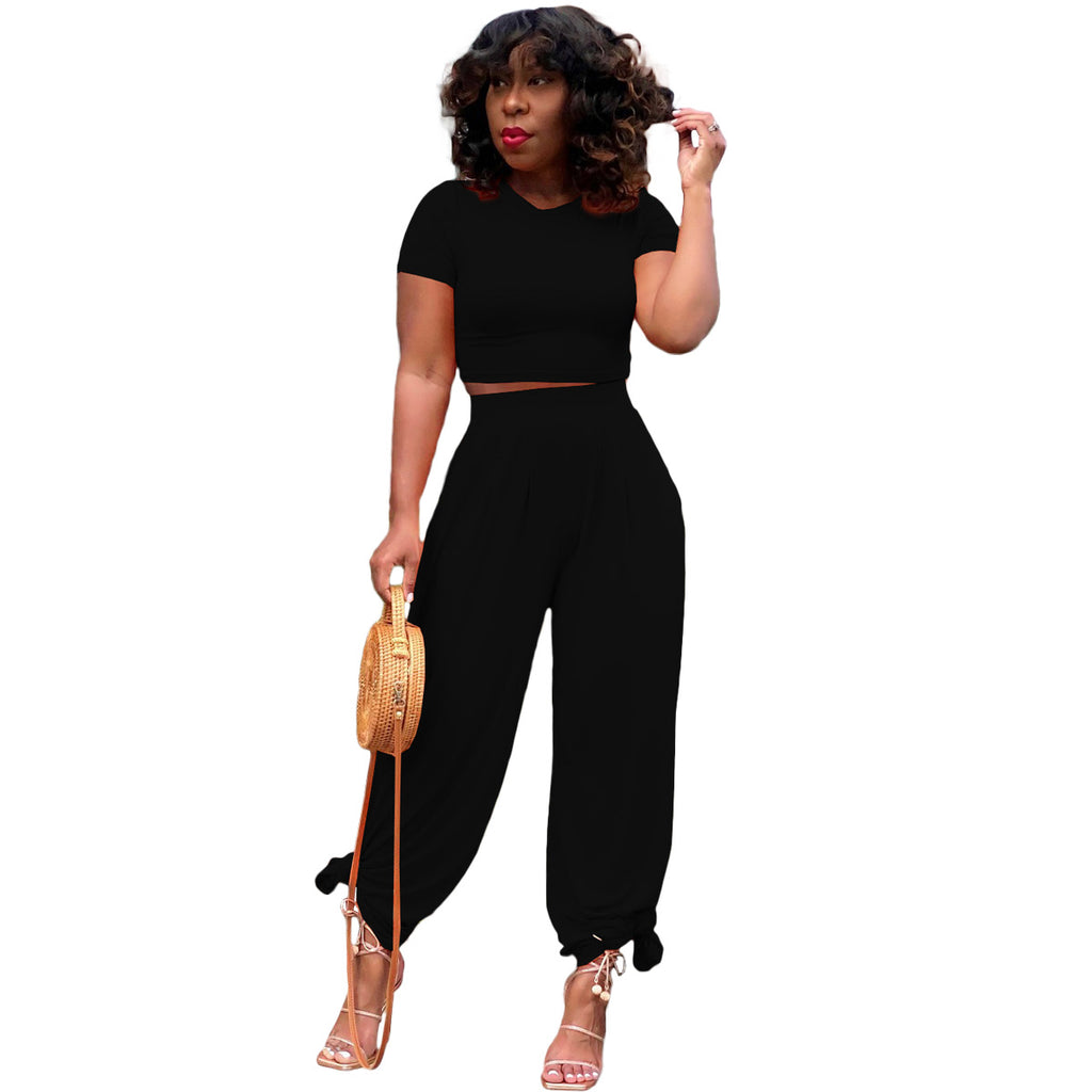 Solid Color Midriff Bell-Bottom Pants Casual Suit for Women