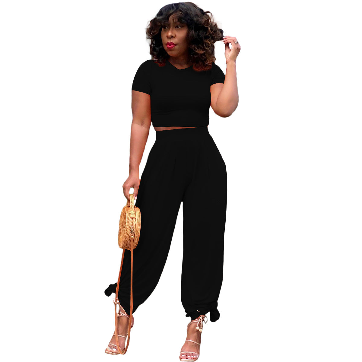 Solid Color Midriff Bell-Bottom Pants Casual Suit for Women