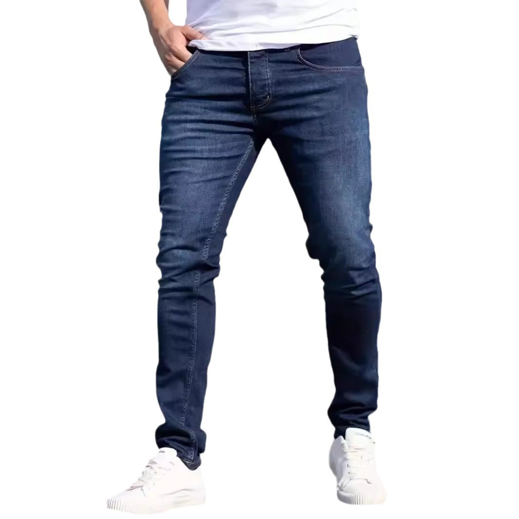 Jeans décontracté bleu foncé coupe slim homme taille moyenne en coton