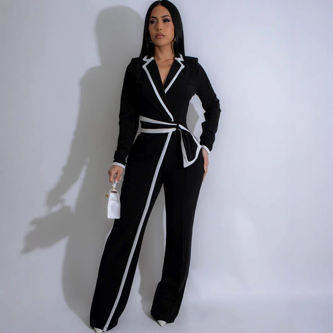 Dual-Color Patchwork Belted Long Sleeve Jumpsuit