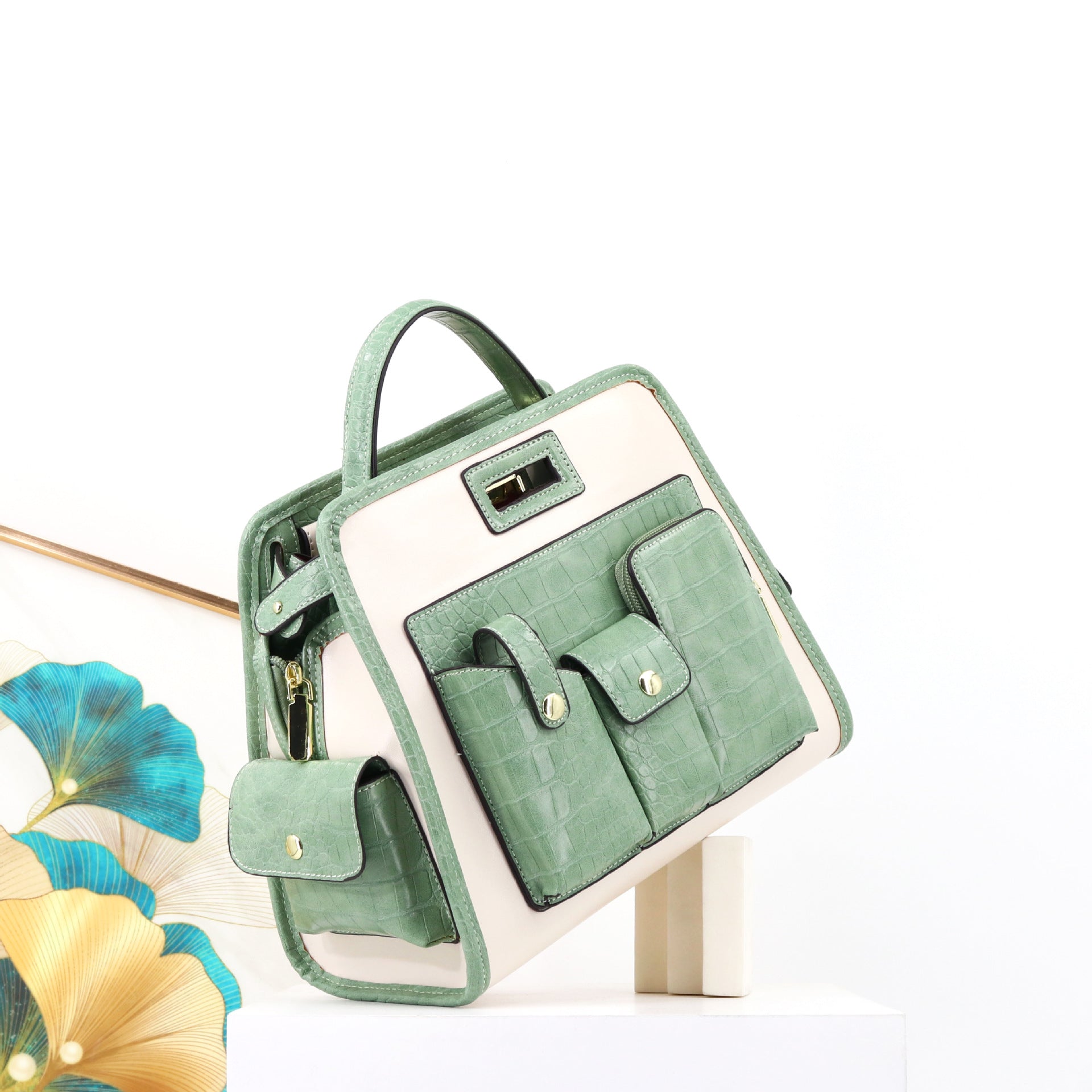 Textured Crocodile Pattern PU Polyester Handbag 33x24x17cm