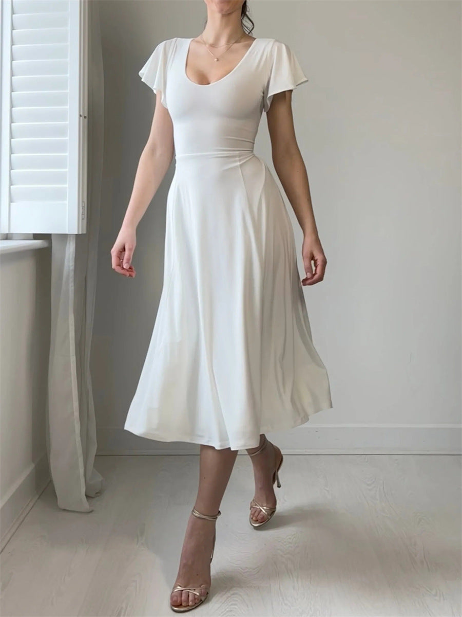 Robe trapèze mi-longue française à manches à volants pour femme