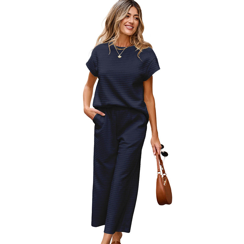 Ensemble deux pièces décontracté femme texturé couleur unie
