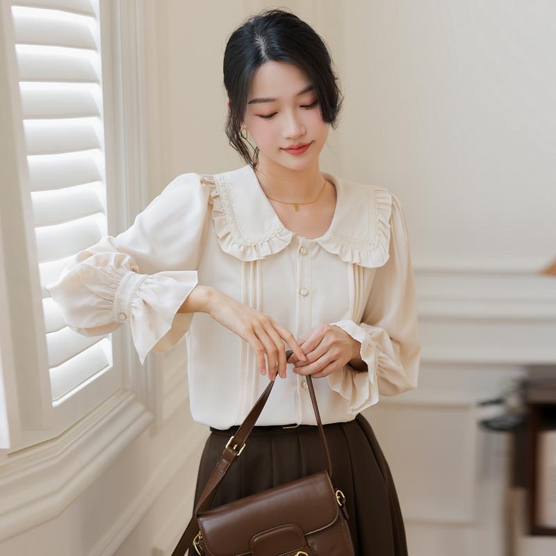 Doll Collar Long Sleeve Shirt with Ruffles in Creamy White and Brown