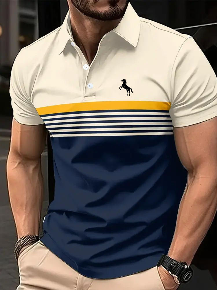 Polo de golf décontracté pour homme à rayures et blocs de couleur, avec col sport