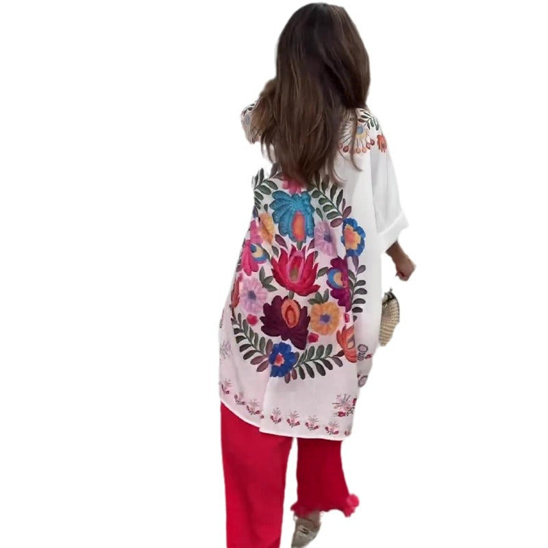 White Floral Irregular Long Sleeve Slim Shirt for Women