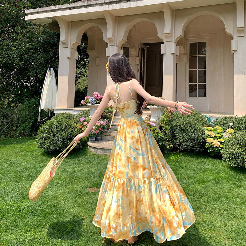 Yellow Fairy Ruffled Spaghetti Strap Dress, A-Line Vacation Style