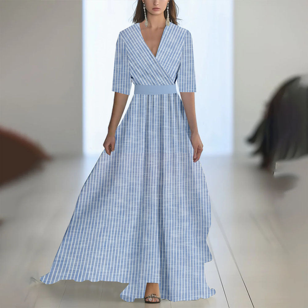 Printed Long Sleeve V-Neck Patchwork Dress with Belt